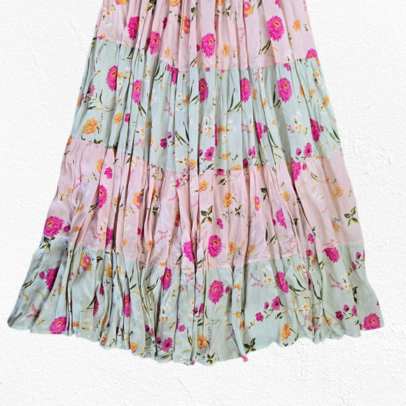 Raga Pink Mint Floral Tiered Maxi Dress Boho Festival Smocked Back Size XS NWT - Picture 6 of 14